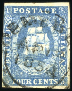 Stamp of British Guiana 1853-55 4c Pale Blue, large margins, cds (slightly
