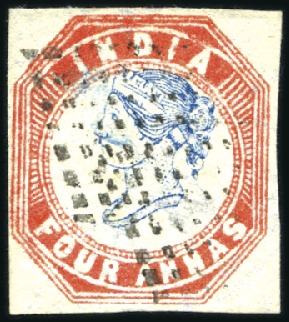 Stamp of India 1854 4a Blue and Red, fine to good margins, diamon