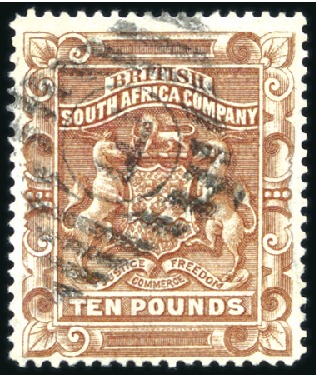 Stamp of Rhodesia 1892-93 £10 Brown with "E" in barred diamond cance