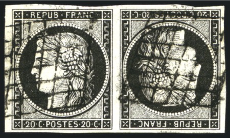 Stamp of France 1849 20c noir sur blanc en paire TETE-BECHE obl. g