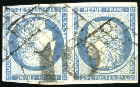 Stamp of France 1849 25c bleu en paire TETE-BECHE obl. grille et t