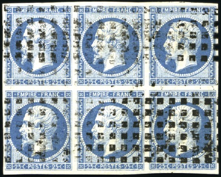 Stamp of France 1853 25c Empire ND en bloc de six obl. gros points