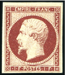 Stamp of France 1853 1F Empire carmin foncé, neuf avec gomme quasi