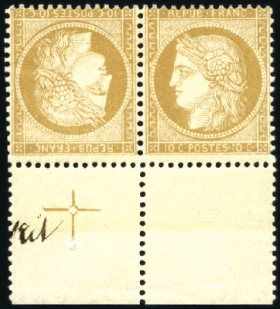 Stamp of France 1870 10c Siège en paire TETE-BECHE avec bord de fe