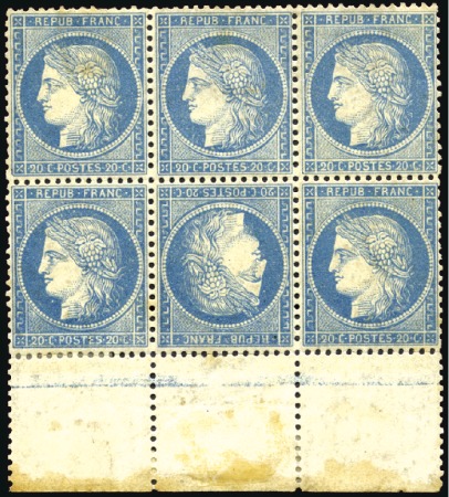 Stamp of France 1870 20c Siège en TETE-BECHE dans un bloc de six a