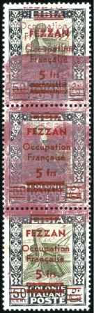 Stamp of Colonies françaises » Fezzan 1943 Double surcharge en haut d'une bande de trois