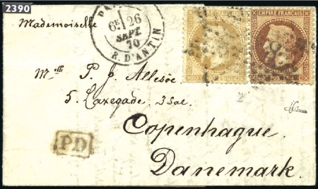 Stamp of France » Guerre de 1870-1871 Ballon monté pour le DANEMARK avec 10c +40c Lauré 