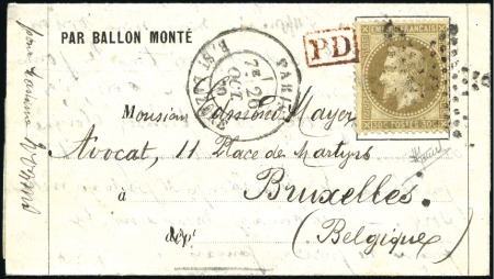 Stamp of France » Guerre de 1870-1871 Ballon monté pour la Belgique avec 30c Lauré de Pa