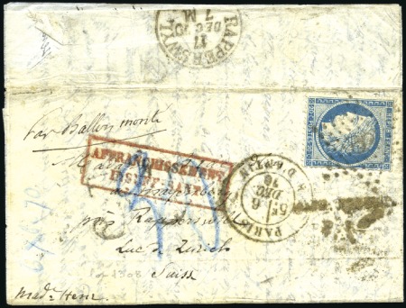 Stamp of France » Guerre de 1870-1871 Ballon monté avec 20c Siège de Paris 06.12.70 pour