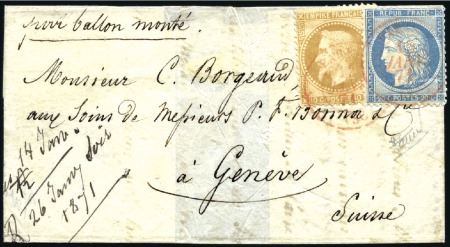 Stamp of France » Guerre de 1870-1871 Ballon monté pour Genève avec 20c Siège +10c Lauré