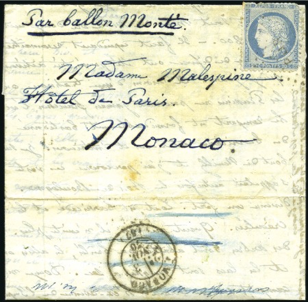 Stamp of France » Guerre de 1870-1871 Pli confié du FULTON pour Monaco, daté du 16.10.70
