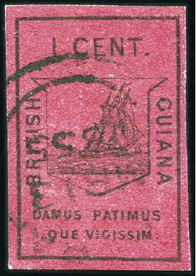 Stamp of British Guiana 1852 Waterlow 1 cent black on magenta, fine even m