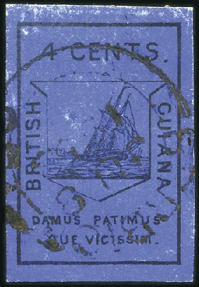 Stamp of British Guiana 1852 Waterlow 4 cents black on deep blue, large ev