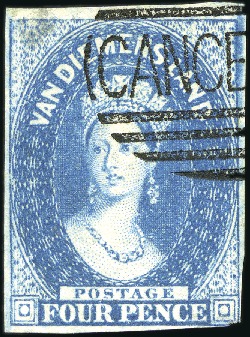 Stamp of Australia » Tasmania 1855 Chalon 4d blue with Rowland Hill CANCELLED ba