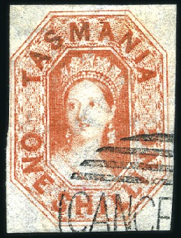 Stamp of Australia » Tasmania 1858 Chalon 1s vermilion, with Rowland Hill CANCEL