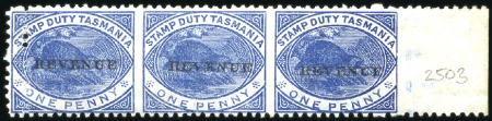Stamp of Australia » Tasmania 1900 REVENUE 1d blue horizontal strip of three wit