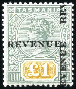 Stamp of Australia » Tasmania 1900 £1 Green and Yellow with variety double overp