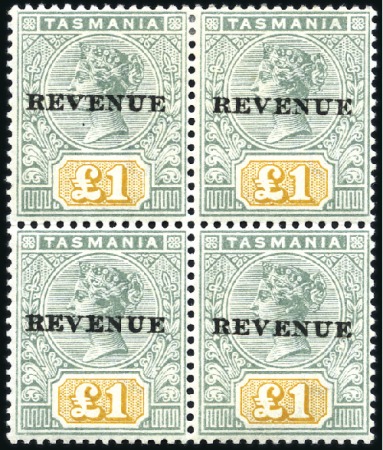 Stamp of Australia » Tasmania 1900 £1 Green and Yellow, a fine mint block of fou
