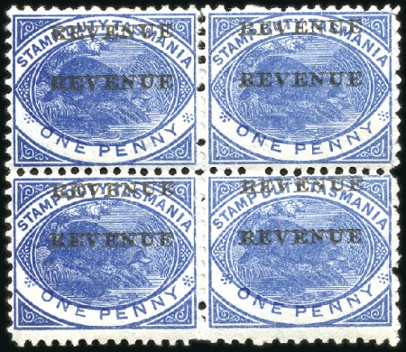 Stamp of Australia » Tasmania 1900 REVENUE 1d blue, ovpt double, fresh mint bloc