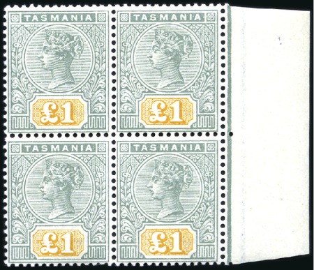 Stamp of Australia » Tasmania 1892-99 £1 green and yellow, marginal block of fou