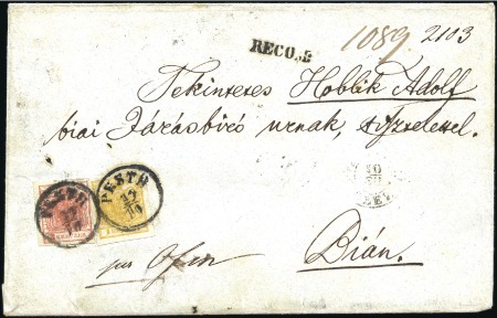 Stamp of Hungary 3Kr rosa + 1Kr gelb auf unterfrankiertem Orts-Reko