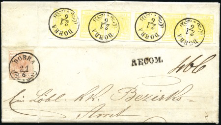 Stamp of Hungary 3kr rosa  vorderseitig + 1Kr gelb (6, Paar + Viere