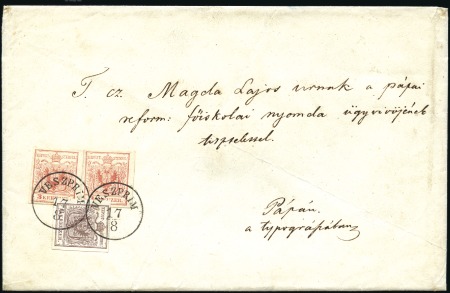 Stamp of Hungary 6Kr braun + 3Kr rot in waagrechten Paar auf vierfa