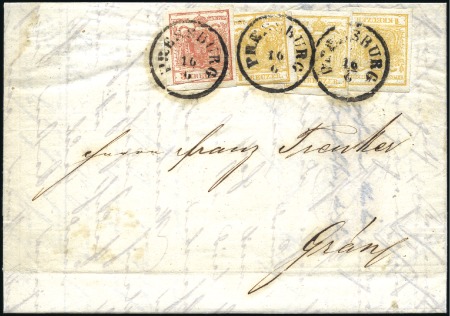 Stamp of Hungary 3Kr rot + 1Kr gelborange (3), alle Handpapier, lei
