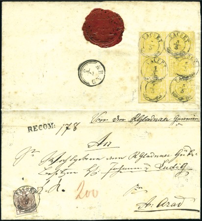 Stamp of Hungary 6Kr braun vorderseitig + 1Kr gelb in waagrechtem S