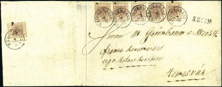 Stamp of Hungary 6Kr Brown, strip of five and single tied by NEU-NE