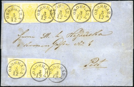 Stamp of Hungary 1kr gelb in waagrechten 6er und 3er- Streifen, Mas