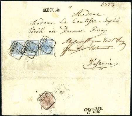 Stamp of Hungary 9Kr blau (3, alle Type I) + 6Kr braun (alle Handpa