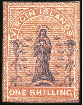 Stamp of British Virgin Islands 1867 essay overprint on 1s, with lilies and six la