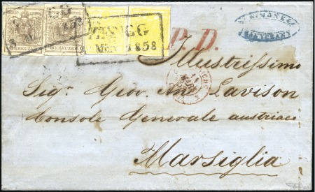 Stamp of Hungary POST NACH FRANKREICH
6Kr braun  (2) + 1Kr gelb (2