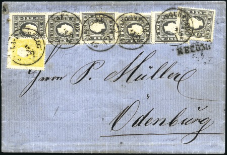 Stamp of Hungary 3Kr schwarz (6) + 2Kr gelb vorderseitig und 3Kr sc