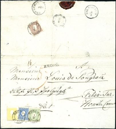 Stamp of Hungary VIERFARBENFRANKATUR
15Kr blau + 3Kr grün + 2Kr ge