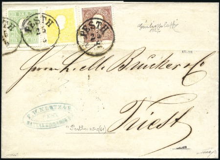 Stamp of Hungary 1858 10Kr Brown, 3Kr green and 2Kr yellow tied PES