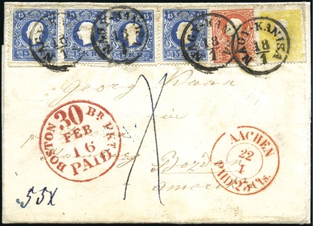 Stamp of Hungary POST NACH USA - DESTINATION USA
15Kr blau (4) + 5