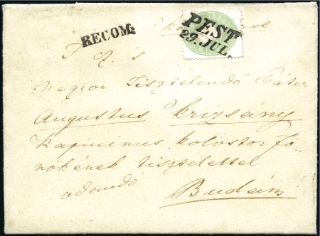 Stamp of Hungary 3Kr grün vorderseitig + 5Kr rot rückseitig auf ein