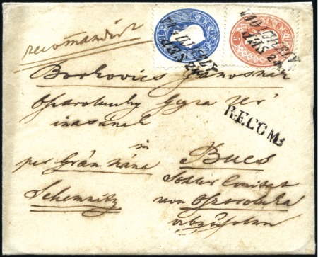 Stamp of Hungary 15Kr blau + 5Kr rot auf Einschreibe-Kuvert entwert