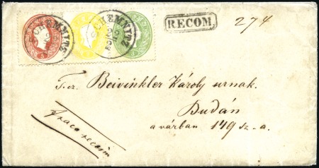Stamp of Hungary 5Kr rot + 3Kr grün (3, davon 2 rückseitig) + 2Kr g
