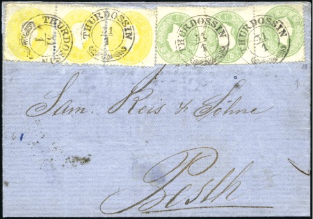 Stamp of Hungary 3Kr Green (3) and 2Kr Yellow (strip of three) tied