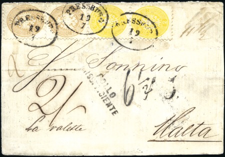 Stamp of Hungary POST NACH MALTA
15kr braun (2) + 2Kr gelb (2) auf