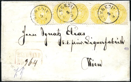 Stamp of Hungary 2Kr gelb (5 = Dreierstreifen + Paar) vorderseitig 