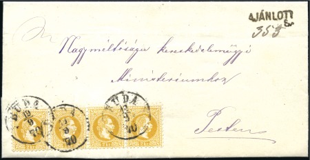 Stamp of Hungary 2Kr gelb (Viererstreifen) auf einfachschwerem Orts