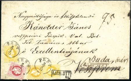 Stamp of Hungary 5Kr rot + 2Kr gelb (3) auf zweifachschweren Orts-R