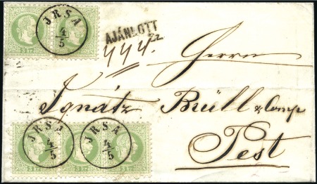 Stamp of Hungary 3Kr grün (5, davon 2 Paare und 1x Einzelwert) auf 