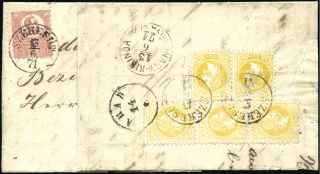 Stamp of Hungary 5Kr rosa vorderseitig in Ausgabenmischfrankatur mi