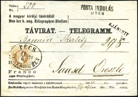 Stamp of Hungary FRANKED TELEGRAM
15Kr Brown tied by PÉCS/FÜNFKIRC