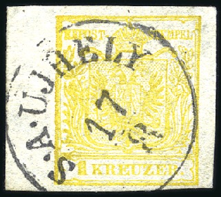 Stamp of Hungary 1Kr Yellow with central S.A. UJHELY 17/8 cds, good